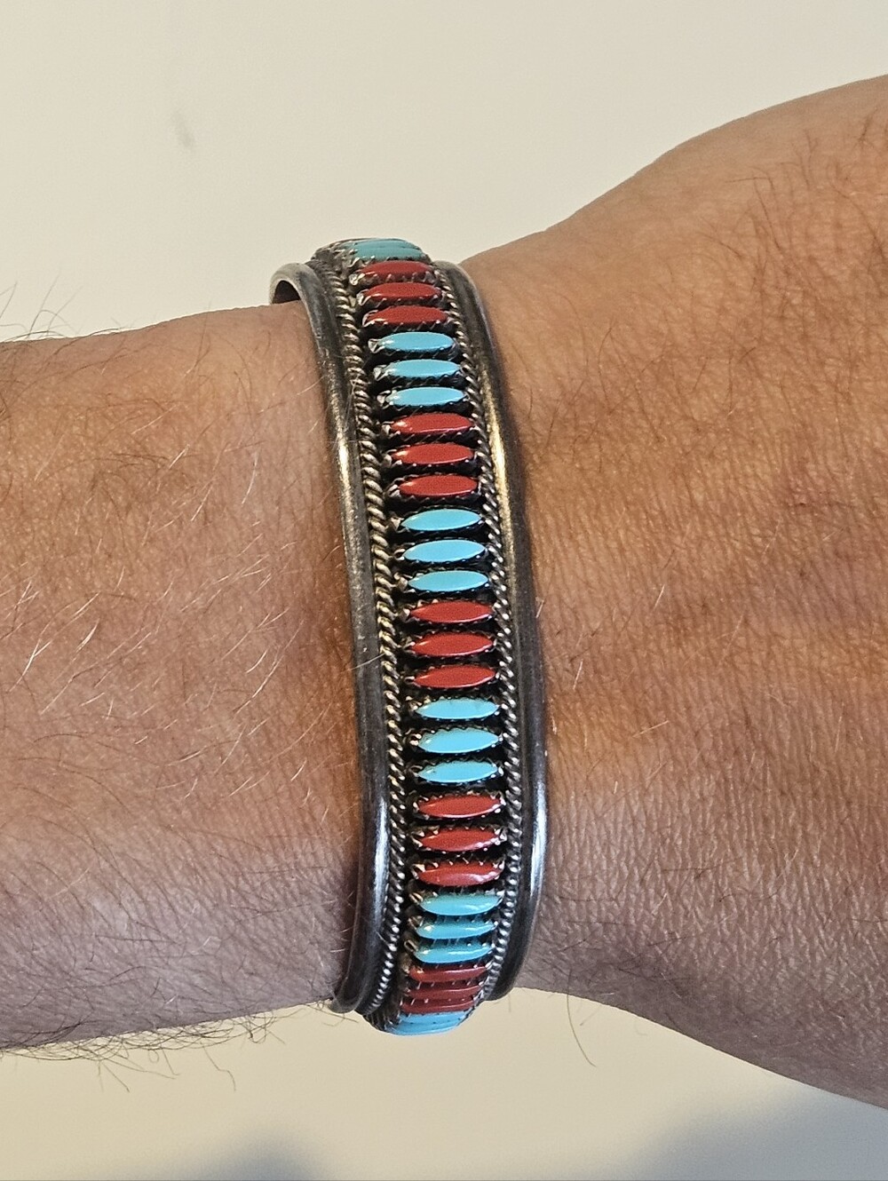 Vintage Zuni Petit Point Turquoise Coral Inlay Sterling Silver Cuff Bracelet